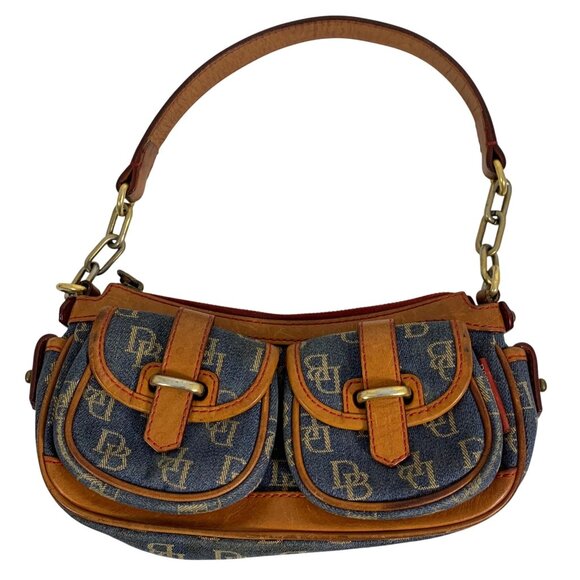 VTG Dooney Bourke Signature Small Denim Leather Trim Banana Shoulder Bag Purse - Picture 1 of 14